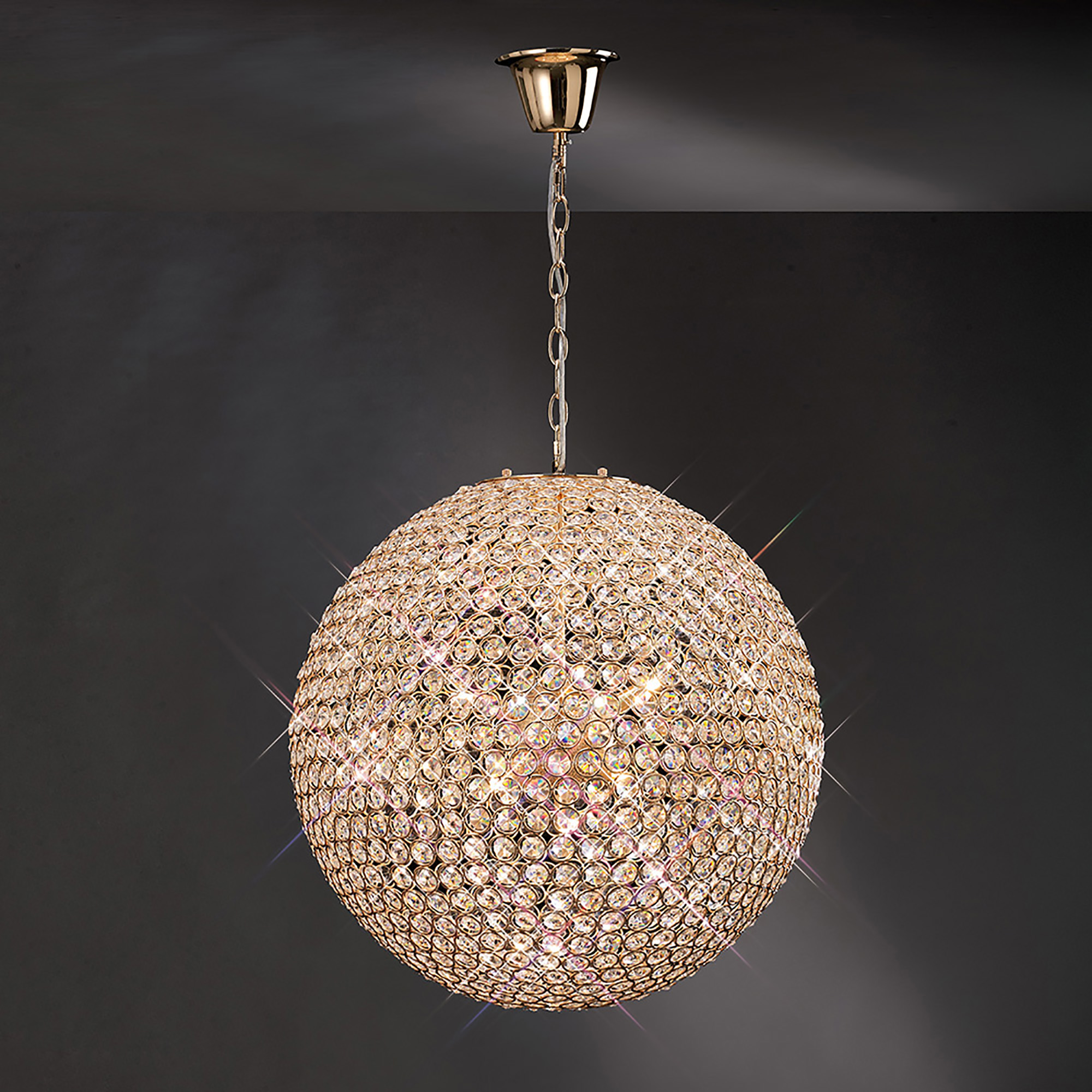 Ava French Gold Crystal Ceiling Lights Diyas Spherical Crystal Fittings
